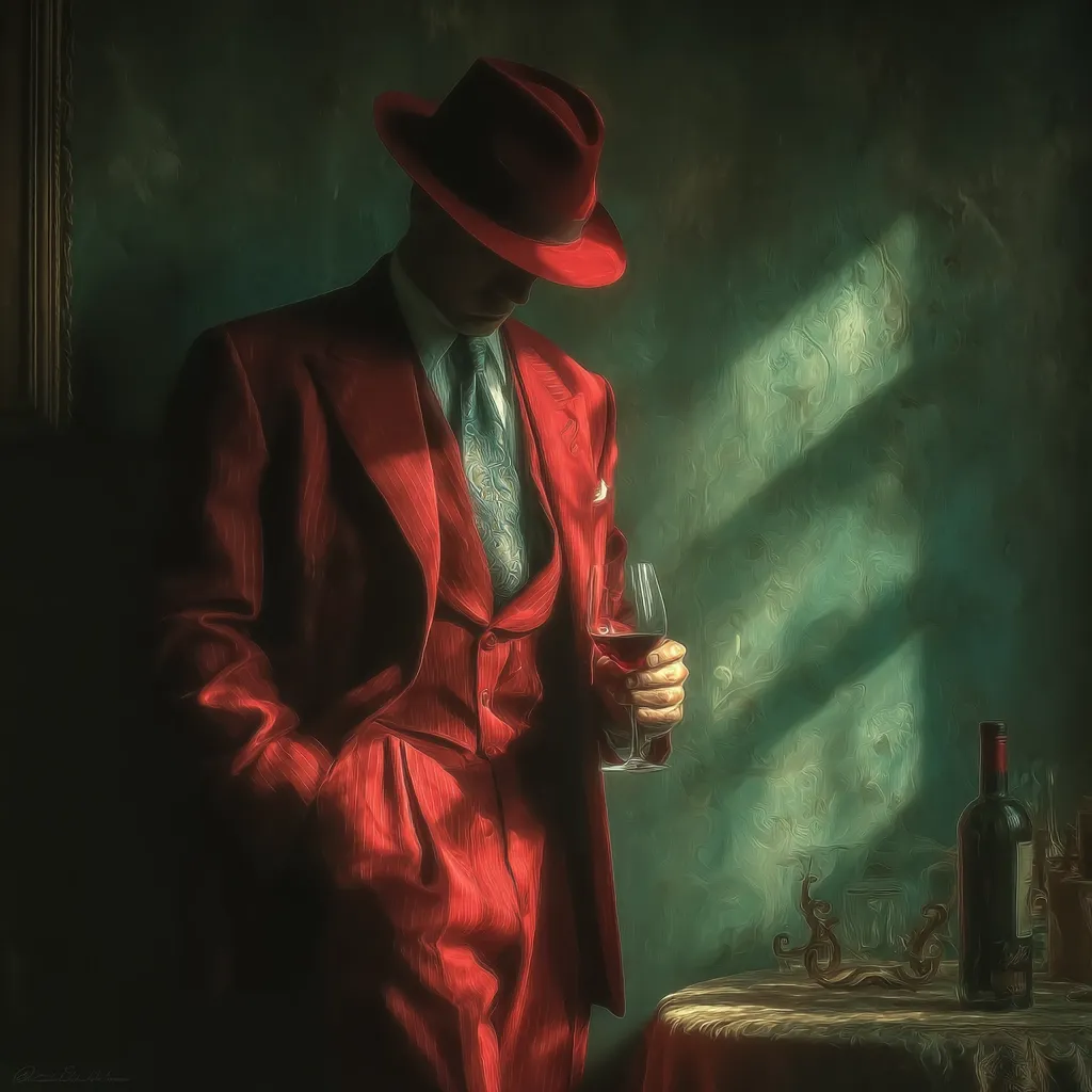 A stylized portrait depicts a man in a vibrant red pinstripe suit and fedora, holding a glass of red wine.  He stands pensively in a dimly lit room, bathed in a single shaft of sunlight.  The atmosphere is evocative of a 1930s gangster film, with a rich, painterly texture to the image.  A bottle of wine rests on a nearby table, adding to the scene's moody ambiance.