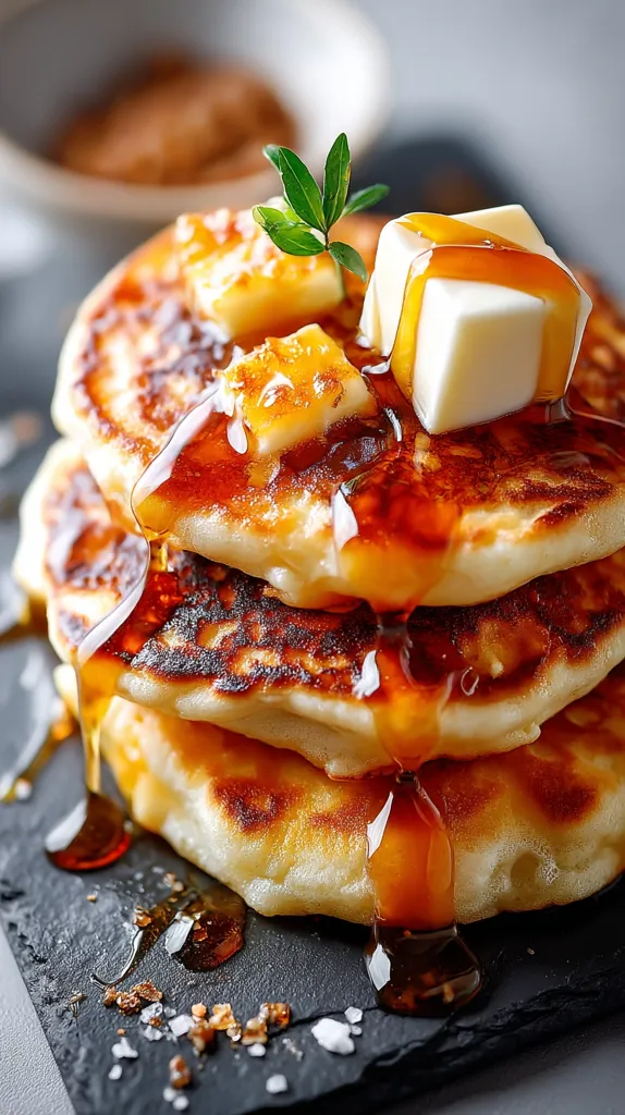 A stack of golden-brown pancakes is drizzled with amber syrup and topped with pats of melting butter.  A sprig of greenery adds a touch of freshness.  The pancakes rest on a dark slate plate, sprinkled with a hint of coarse sugar or salt.  A blurred background suggests a bowl of brown sugar or spice.  The image is a close-up, highlighting the texture and deliciousness of the breakfast treat.
