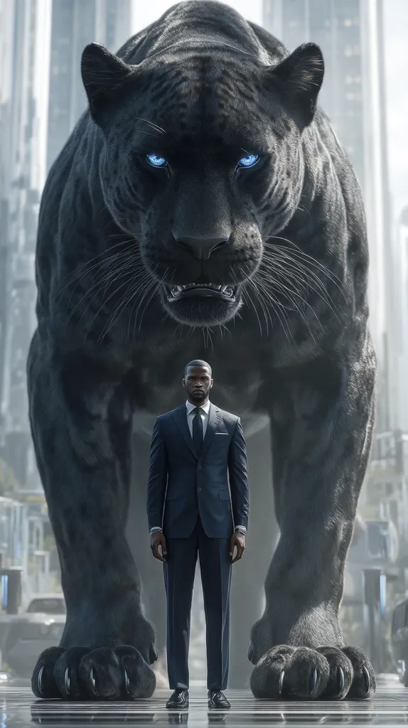 A digitally enhanced image depicts a colossal black panther with piercing blue eyes, towering over a man in a suit.  The panther stands majestically in a futuristic cityscape, its immense size emphasizing its power. The man appears small and insignificant in comparison, highlighting the creature's dominance. The scene's contrast creates a dramatic and awe-inspiring visual.