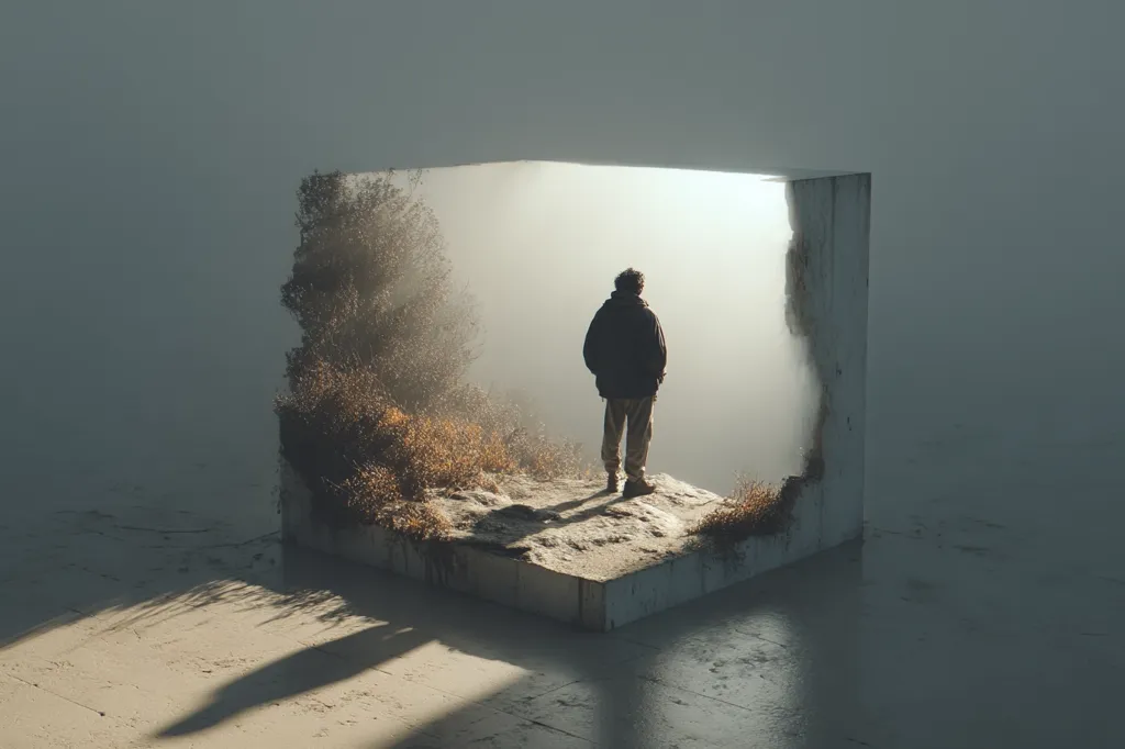 A lone figure stands on a weathered concrete platform, gazing out at a misty landscape.  The platform is a cube, partially overgrown with vegetation, creating a surreal frame around the view.  The scene is bathed in soft, diffused light, enhancing the atmosphere of solitude and contemplation. The overall impression is one of mystery and introspection.