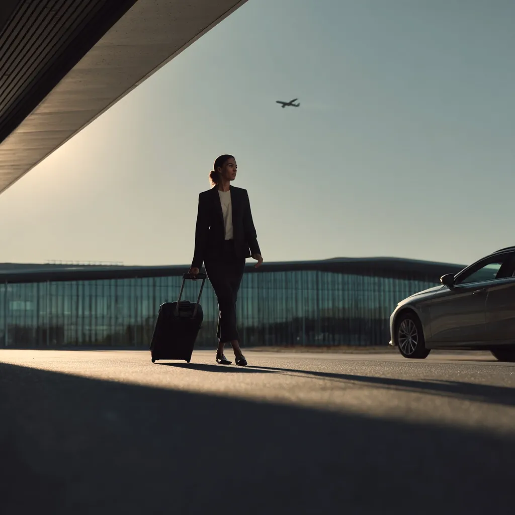 A businesswoman in a dark suit walks towards a waiting car, pulling a wheeled suitcase.  The setting is an airport, with a modern building and a plane visible in the sky.  The sun casts long shadows, creating a dramatic silhouette effect.  The overall mood is one of stylish efficiency and travel.
