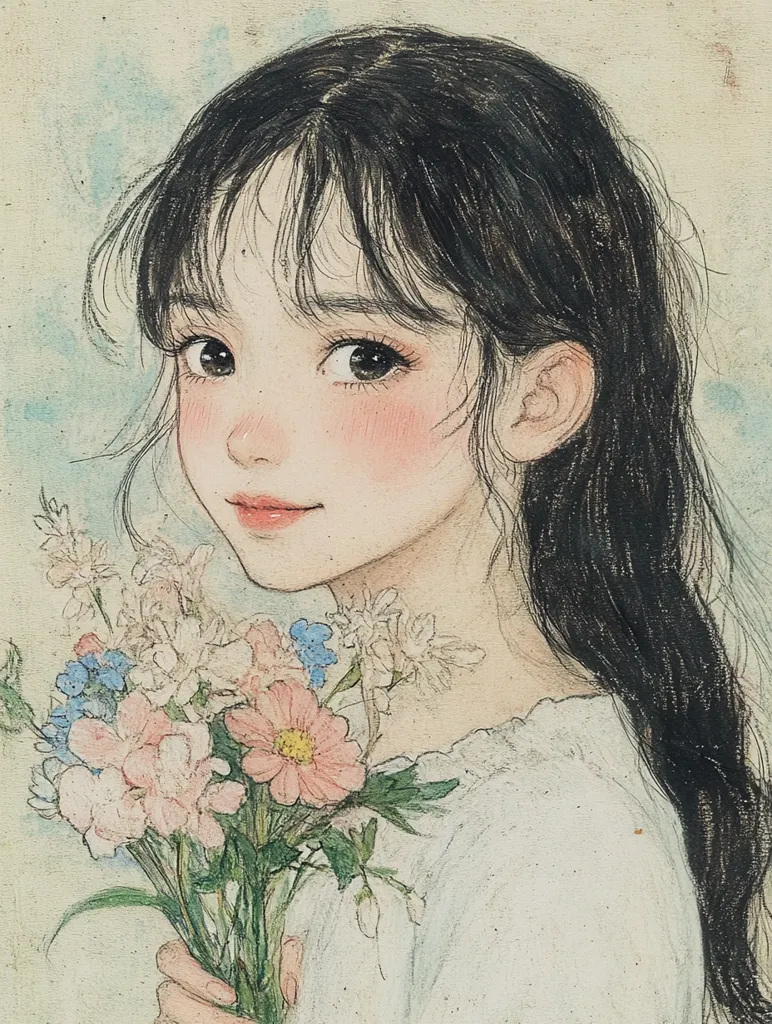 A delicate watercolor and pencil drawing depicts a young woman with long, dark hair, parted in the middle.  She has soft features, rosy cheeks, and large, expressive eyes.  She holds a bouquet of pale pink, white, and blue flowers close to her chest, her gentle expression suggesting a calm and peaceful demeanor. The overall style is soft and dreamy, with a muted color palette.