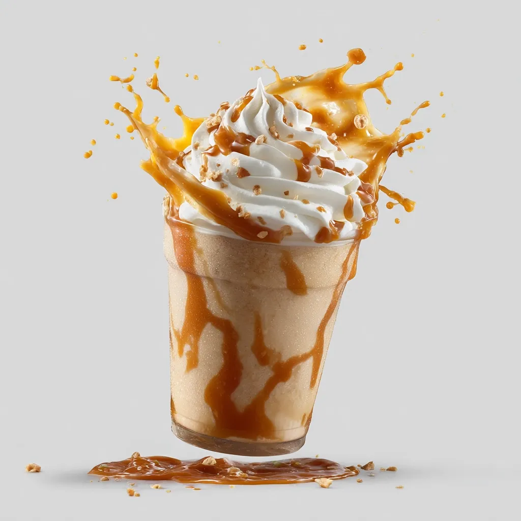 A caramel-drizzled milkshake, topped with whipped cream and crushed nuts, is captured mid-air against a light gray background.  Caramel sauce splashes dramatically around the cup, showcasing the drink's rich, decadent texture.  The image evokes a sense of delicious indulgence and playful energy.