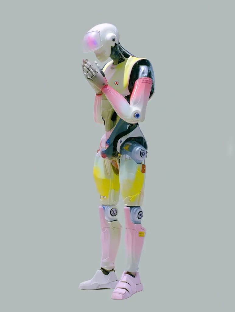 A pastel-colored robot stands against a light grey background, its hands clasped together in a prayer-like position.  The robot's body is a blend of white, yellow, and pink, with visible mechanical joints and detailing. It wears futuristic footwear, giving it a unique and almost serene appearance.  The robot's head features a translucent visor.