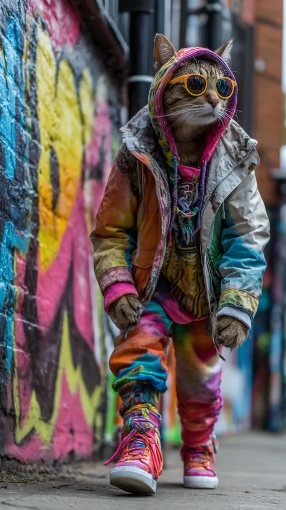 A tabby cat strolls down a graffiti-covered alley, stylishly dressed in a vibrant, tie-dye tracksuit, matching high-top sneakers, and orange-framed sunglasses. The cat's hoodie is pulled up, showcasing its cool demeanor.  The colorful backdrop enhances the overall playful and fashionable image.