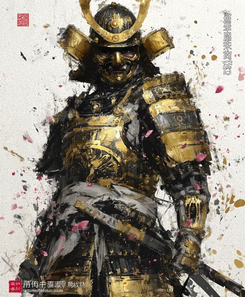 A dramatic, stylized painting depicts a samurai in ornate, gold-accented armor.  The artwork uses bold brushstrokes and splashes of color, creating a sense of motion and energy.  The samurai's face is partially obscured by a helmet, adding to the mysterious aura.  The background is a light, textured wash with scattered dark accents, contrasting with the detailed figure.  The overall style blends traditional Japanese aesthetics with a contemporary, expressive approach.