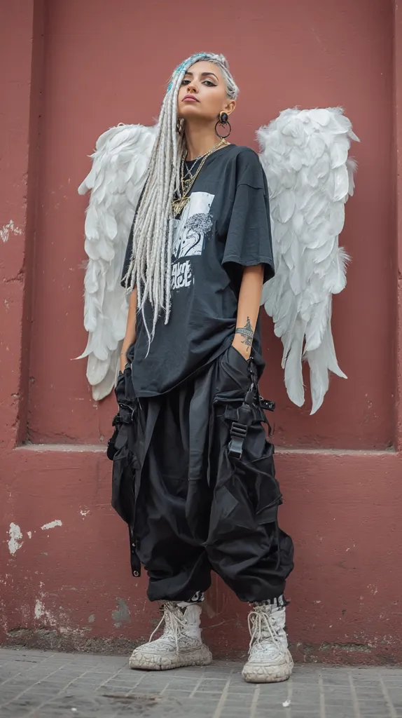 A young woman with long gray dreadlocks and white angel wings stands against a reddish-brown wall. She wears a black t-shirt with a graphic design, black cargo pants, and chunky white boots.  Her accessories include several necklaces and large earrings.  The overall style is edgy and blends street fashion with a dramatic, angelic contrast.