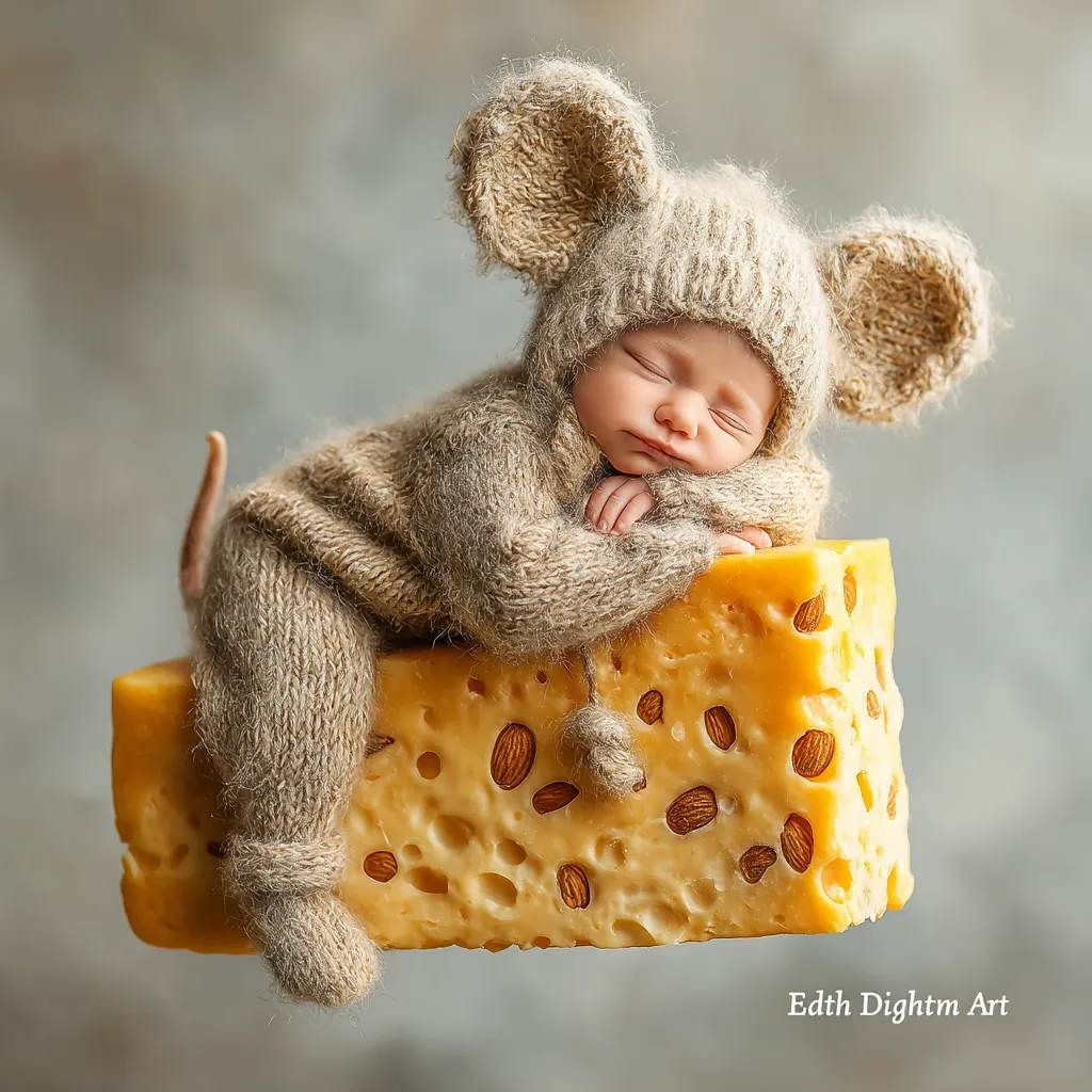 A newborn baby, dressed in an adorable hand-knitted mouse costume, peacefully sleeps on a large block of cheese.  The costume features oversized ears and tiny booties.  The image is a whimsical studio shot, with the cheese seemingly floating against a muted background.  The overall effect is charming and evokes feelings of warmth and tenderness.
