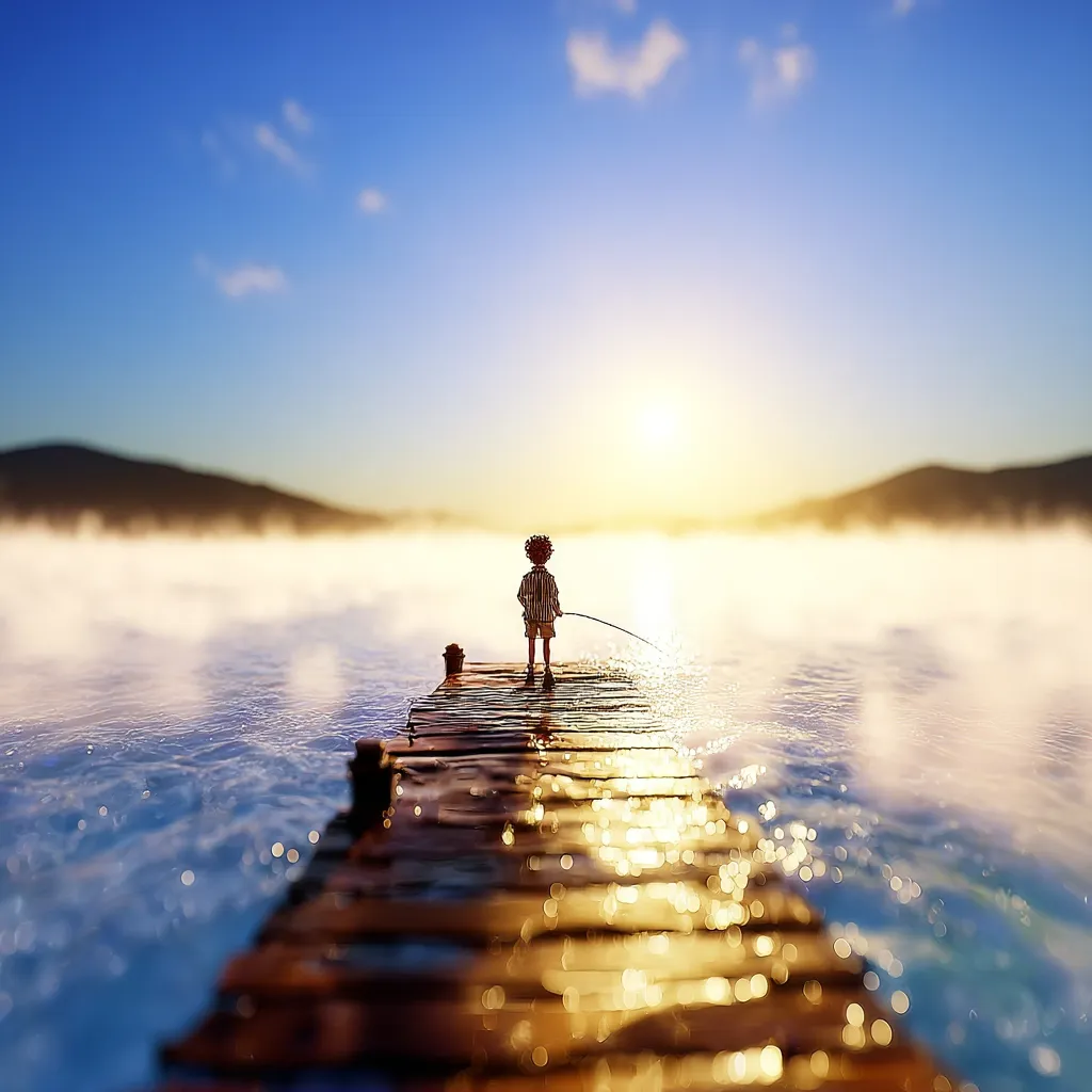 A lone child stands at the end of a wooden dock extending into a calm, misty lake. The sun rises behind them, casting a warm glow on the water's surface.  The child holds a fishing rod, their back to the viewer, creating a serene and contemplative scene.  Mountains softly appear in the background, shrouded in a light morning fog. The overall mood is peaceful and tranquil.