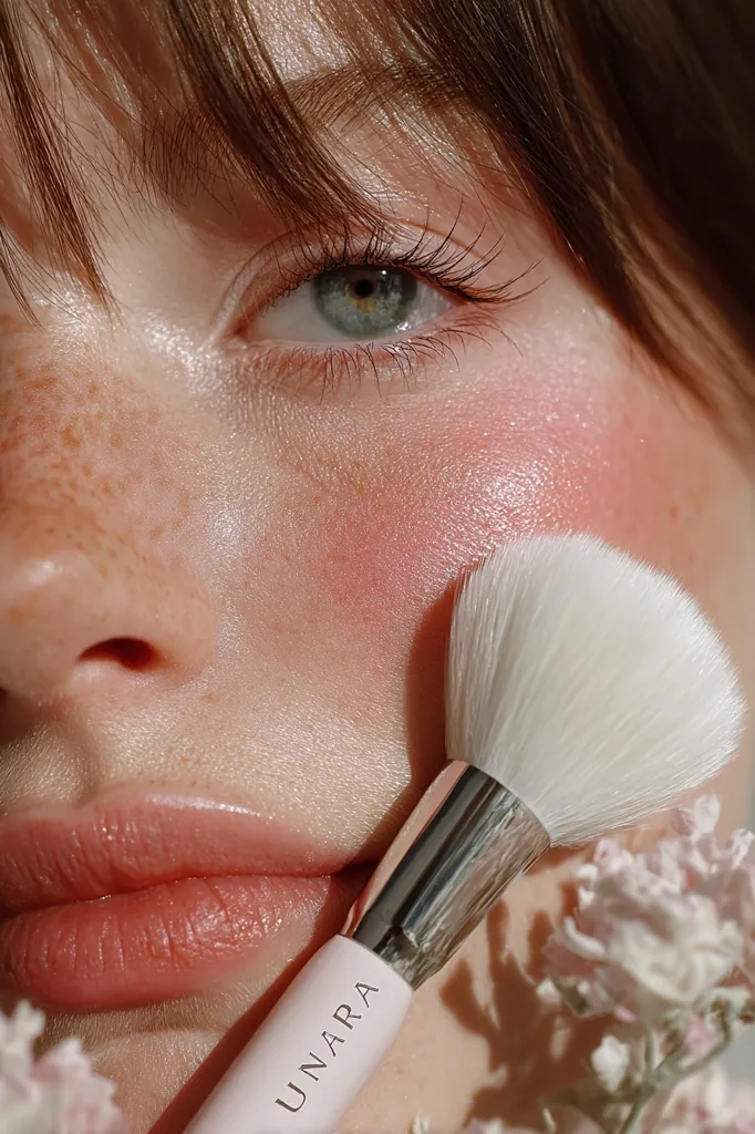 Close-up of a woman's face with a makeup brush.  Her eye is partially visible, showcasing light green irises and long lashes.  Soft, peachy blush is applied to her cheek, and her lips are a muted rose shade. A UNARA branded makeup brush, with a fluffy white head, rests against her cheek, suggesting blush application. Delicate pink flowers are visible in the background. The overall aesthetic is soft, natural, and feminine.