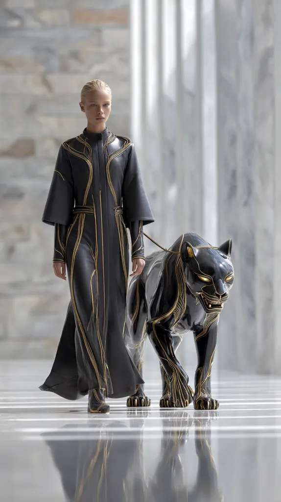 A blonde woman in a long, black, gold-accented coat walks a black panther statue.  The panther is similarly adorned with gold detailing. Both the coat and the statue feature intricate, vein-like patterns.  The setting is a minimalist, light-filled hall with reflective floors. The overall aesthetic is futuristic and elegant.