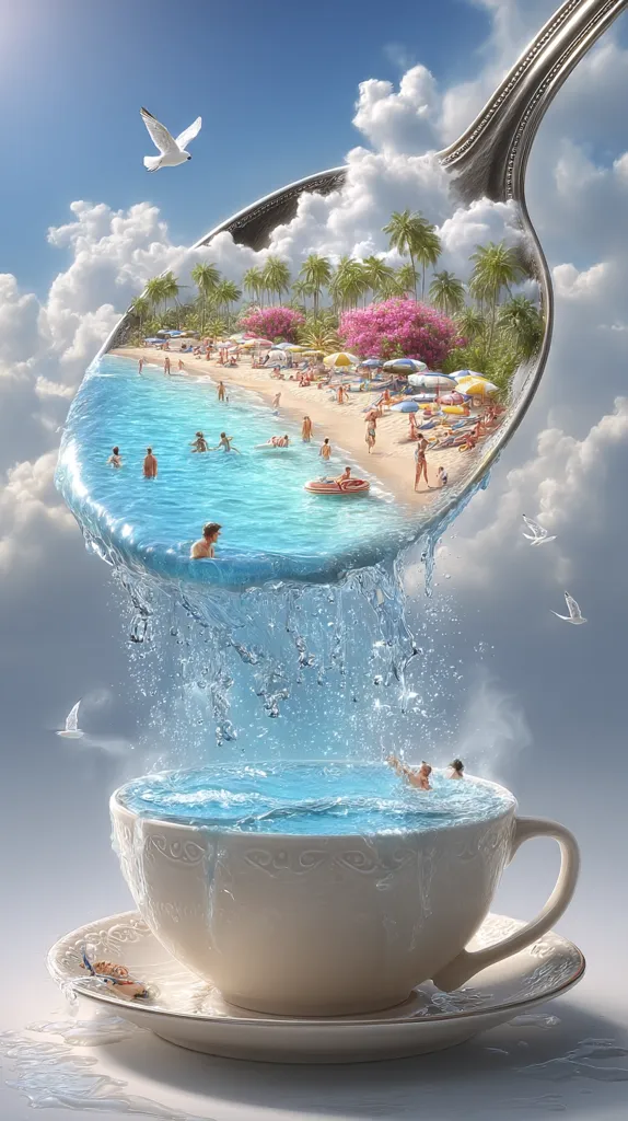 A surreal image depicts a tropical beach scene nestled inside an oversized spoon.  The spoon is overflowing with turquoise water cascading into a large teacup.  Tiny figures enjoy the beach and swim in both the spoon and the cup, set against a bright, cloud-filled sky.  Seagulls fly overhead, adding to the whimsical, dreamlike atmosphere.
