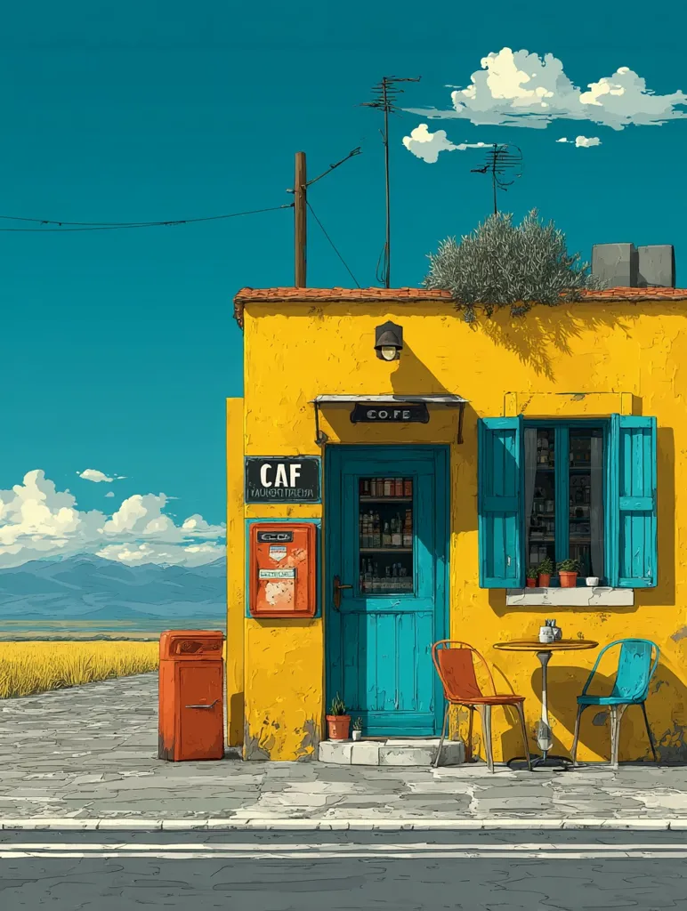 A vibrant illustration depicts a small, sun-drenched yellow café.  Its teal door and windows contrast against the bright exterior.  A small outdoor seating area with two chairs and a table sits in front. A rusty orange bin and a mailbox add to the roadside scene.  The background features a flat, golden field under a clear blue sky with fluffy clouds, and distant mountains. The overall style is minimalist and evocative of a peaceful, rural setting.