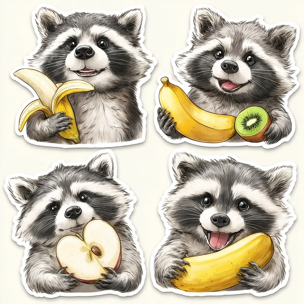 Four adorable cartoon raccoon stickers are shown. Each raccoon holds a different fruit: a banana, a banana and kiwi, a half apple, and a banana.  The raccoons have happy expressions and are depicted in a realistic, yet cute, style.  The stickers have white borders, suitable for placing on various surfaces.