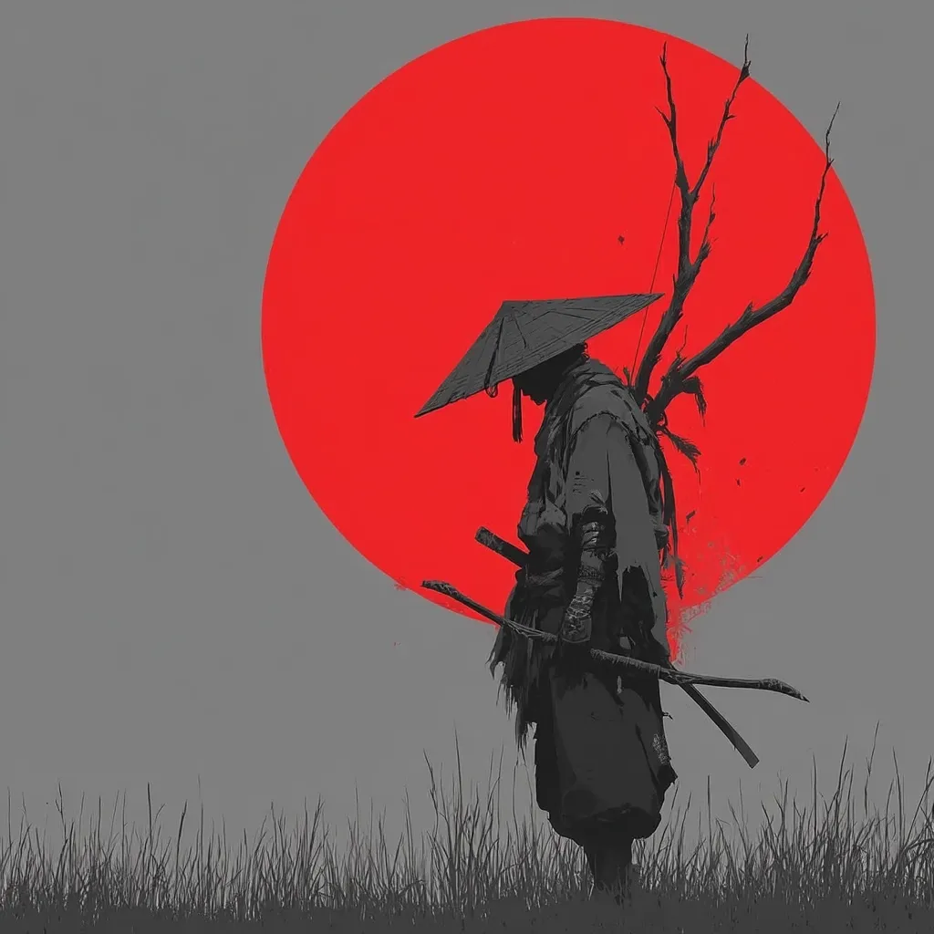 A grayscale samurai, clad in traditional garb and a wide-brimmed hat, stands pensively in tall grass.  Two swords are sheathed at his side, and a branch-like adornment rests on his back.  A large, vibrant red circle, resembling a setting sun, dominates the background, creating a dramatic contrast and symbolic backdrop. The overall style is minimalist and evocative of Japanese art.