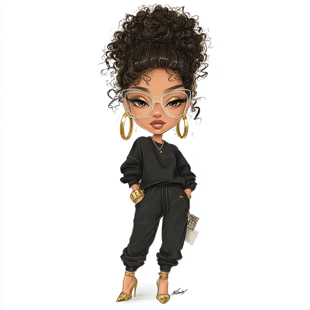 A stylized illustration of a young Black woman with voluminous curly hair styled in a high bun.  She wears oversized clear glasses, large gold hoop earrings, a black tracksuit, gold bracelets, and gold high heels.  Her pose is confident and fashionable, holding a small object in her hand. The style is digitally rendered with smooth lines and vibrant colors.