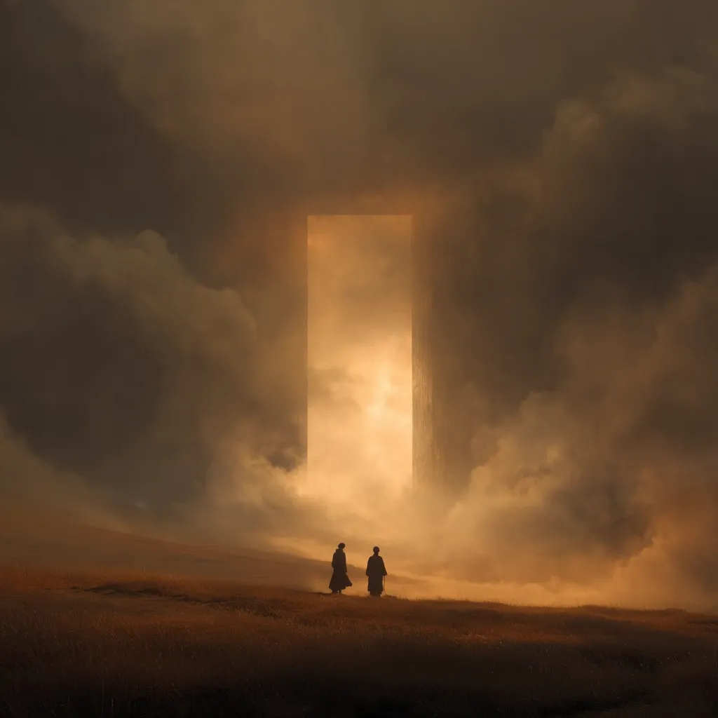 Two figures in dark clothing stand silhouetted against a hazy, golden landscape.  A tall, rectangular portal glows faintly in the distance, partially obscured by swirling mist and clouds. The atmosphere is ethereal and mysterious, suggesting a journey into the unknown or a passage between worlds.  The overall mood is one of awe and perhaps apprehension.