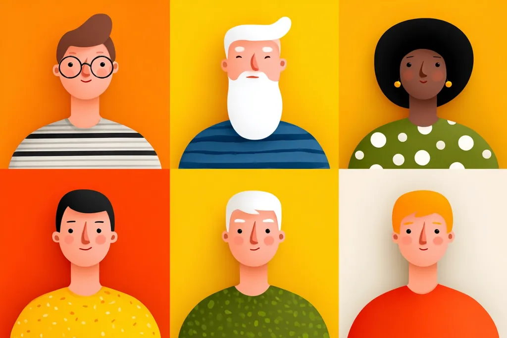 A colorful illustration features six stylized cartoon portraits arranged in a grid.  Each individual has a unique hairstyle, skin tone, and clothing, representing diversity in age and ethnicity.  The bright, bold colors and simple designs create a cheerful and inclusive image. The portraits are set against contrasting yellow, orange, and beige backgrounds.
