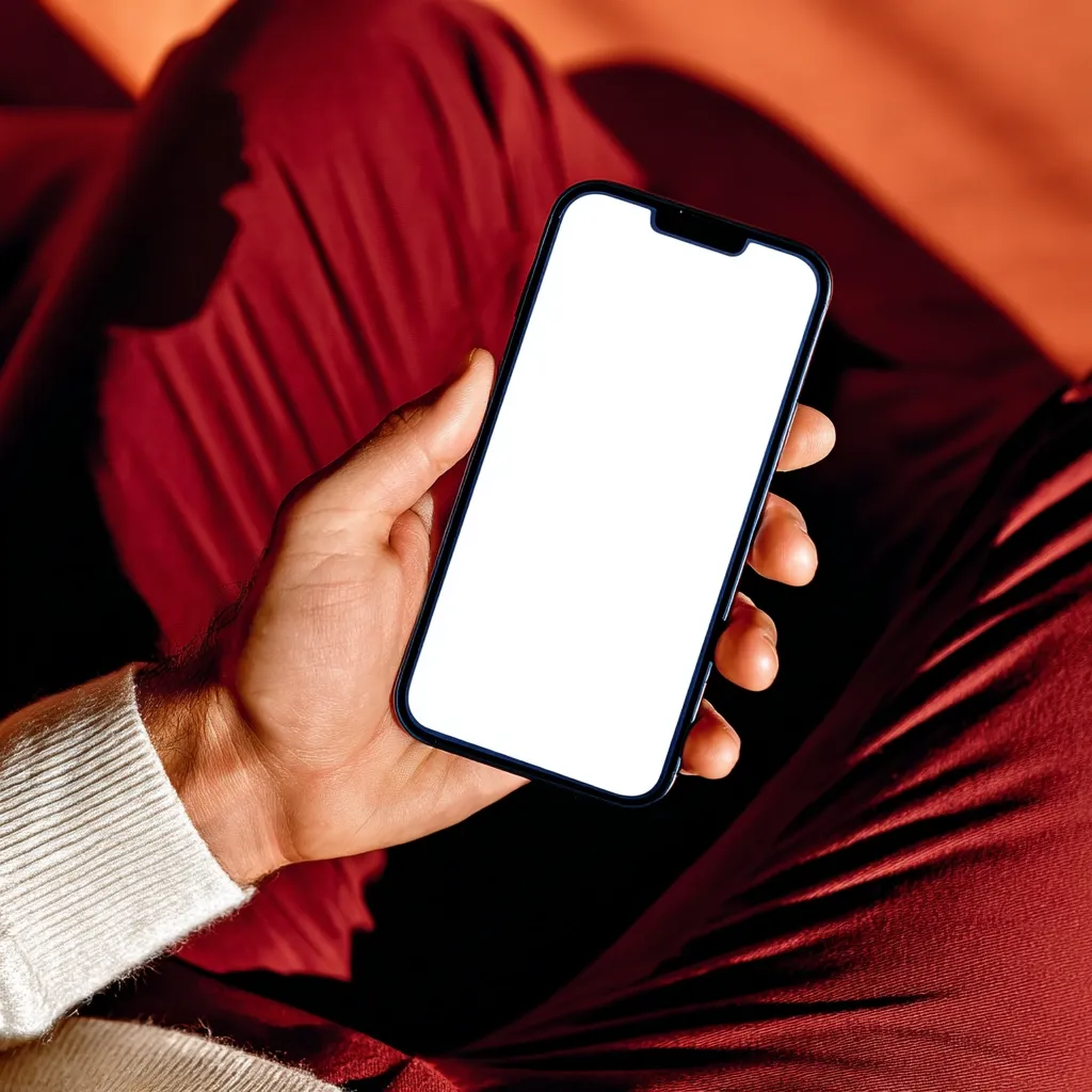 A person's hand holds a smartphone with a blank white screen. The phone is held against a backdrop of deep red fabric, creating a contrast between the device and clothing. The image is a close-up, focusing on the hand and the phone, which appears modern and sleek. The overall tone is warm and inviting, suggesting relaxation or leisure.