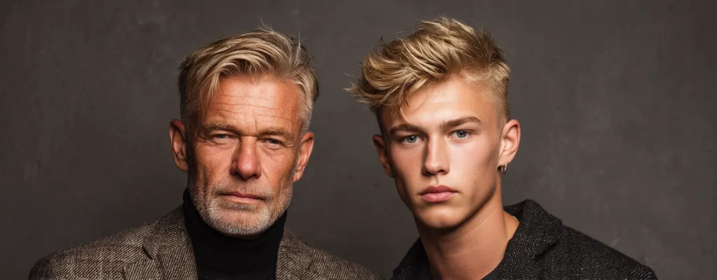 A portrait of an older man and a younger man, side-by-side against a dark gray background.  The older man has short, styled gray hair and a gray beard, wearing a brown jacket and black turtleneck. The younger man has blond, textured hair and is clean-shaven, wearing a dark gray jacket.  Both men have serious expressions.