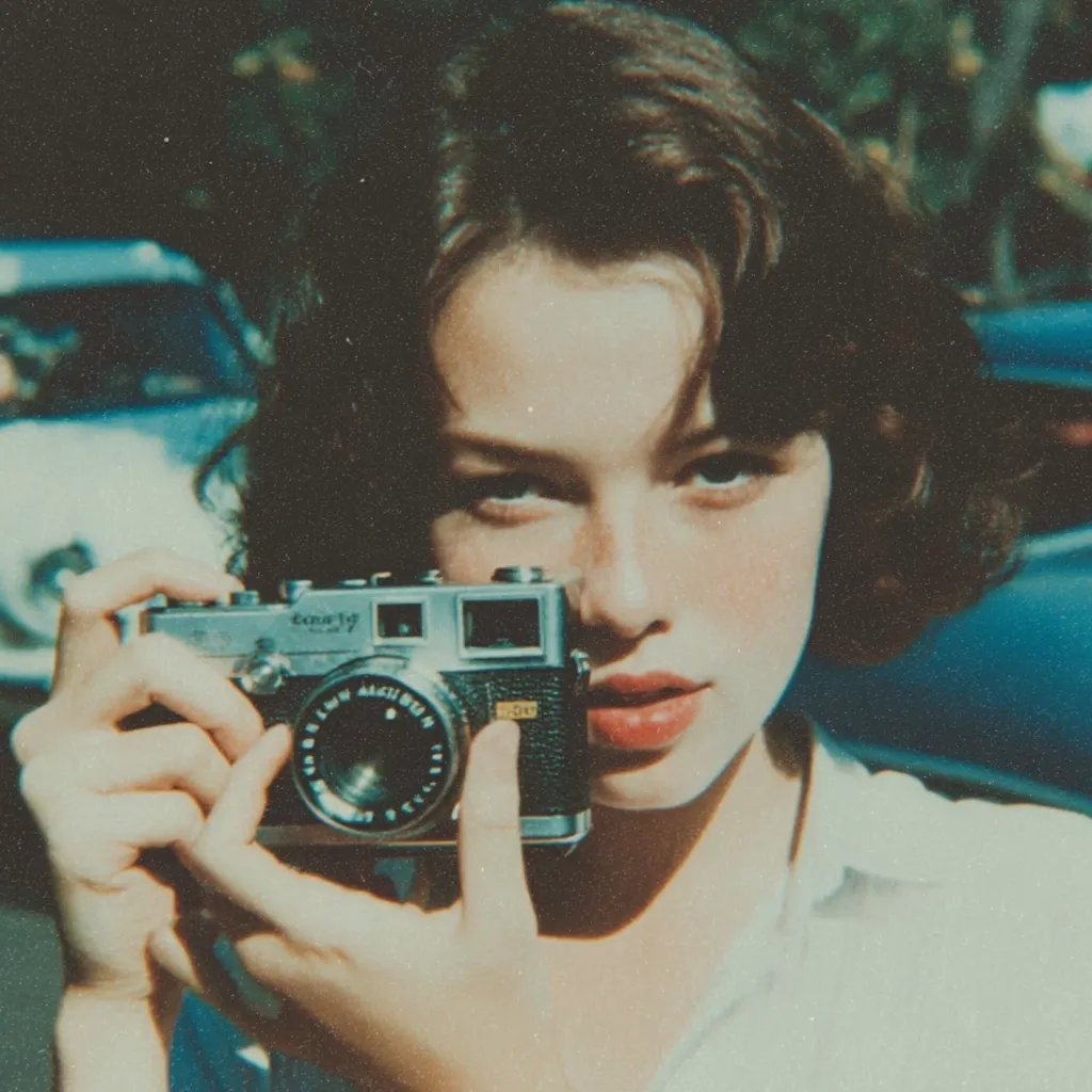 A vintage-style photo depicts a young woman with short, dark hair holding a classic 35mm camera to her face.  She has fair skin and is wearing a light-colored shirt. The background is slightly blurred, showing hints of cars and a sun-drenched outdoor setting.  The overall aesthetic is reminiscent of 1960s or 1970s photography. The image has a grainy, slightly faded quality, enhancing its nostalgic feel.