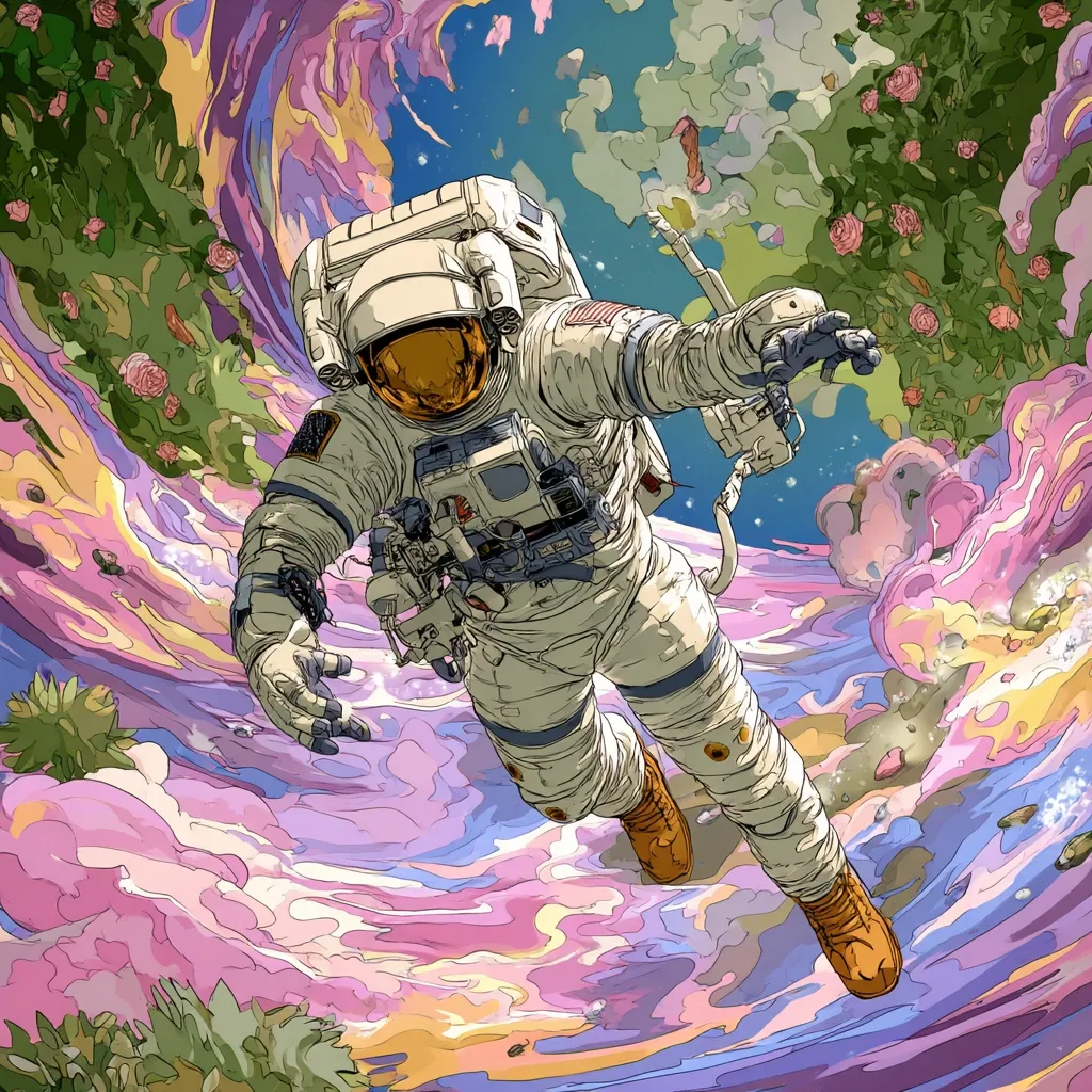A stylized illustration depicts an astronaut floating amidst a vibrant, swirling cosmos.  The astronaut's spacesuit is detailed, with an American flag patch visible.  The background is a psychedelic blend of pastel colors and organic shapes, resembling clouds or nebulae.  Rose bushes and other plant life are interspersed within the cosmic landscape, creating a surreal juxtaposition of nature and space. The overall style is a blend of comic book art and digital painting.