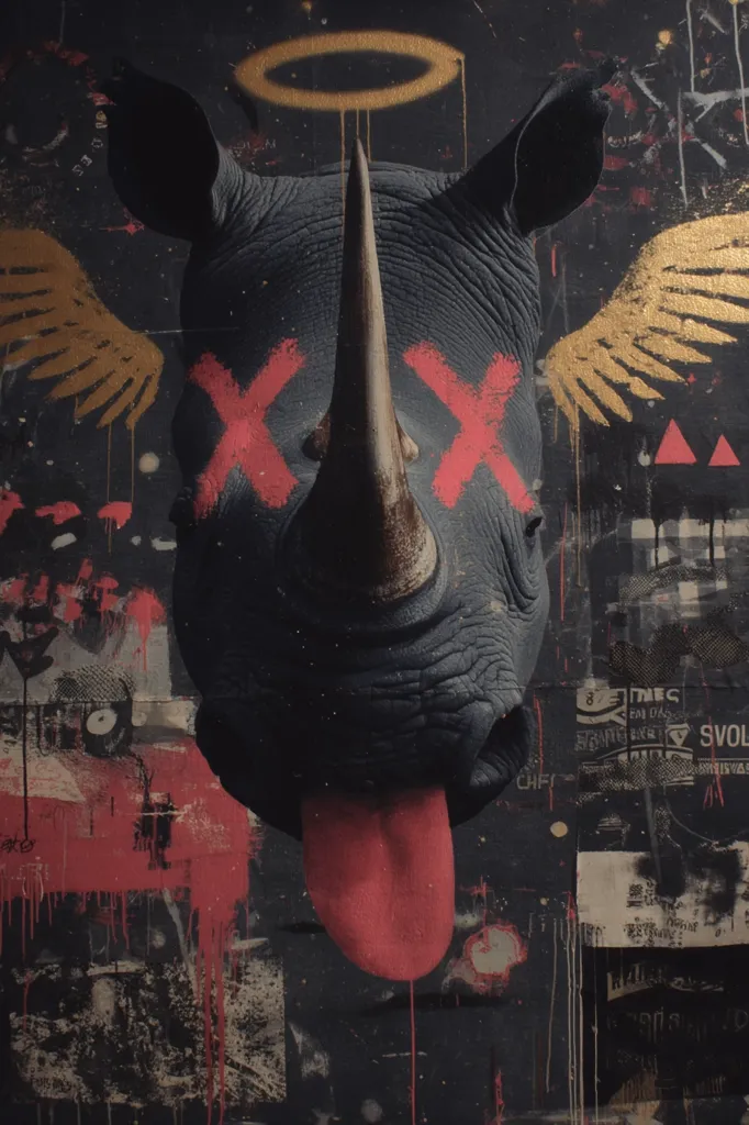 A striking artwork features a rhino's head, rendered in dark hues, against a backdrop of graffiti-style textures and splashes of red and gold.  The rhino's eyes are marked with red Xs, while golden wings and a halo add a surreal juxtaposition. Its tongue hangs out, contributing to the piece's bold and somewhat unsettling aesthetic. The overall effect is a powerful blend of animal portraiture and urban art.