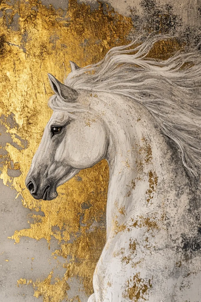 A majestic white horse, its mane flowing in the wind, is depicted in a striking painting.  The horse's head and neck are the focus, presented in profile against a backdrop of textured grey and gold.  The gold accents add a sense of opulence and movement, enhancing the overall impression of power and grace. The style is realistic with a touch of abstract expressionism in the background.