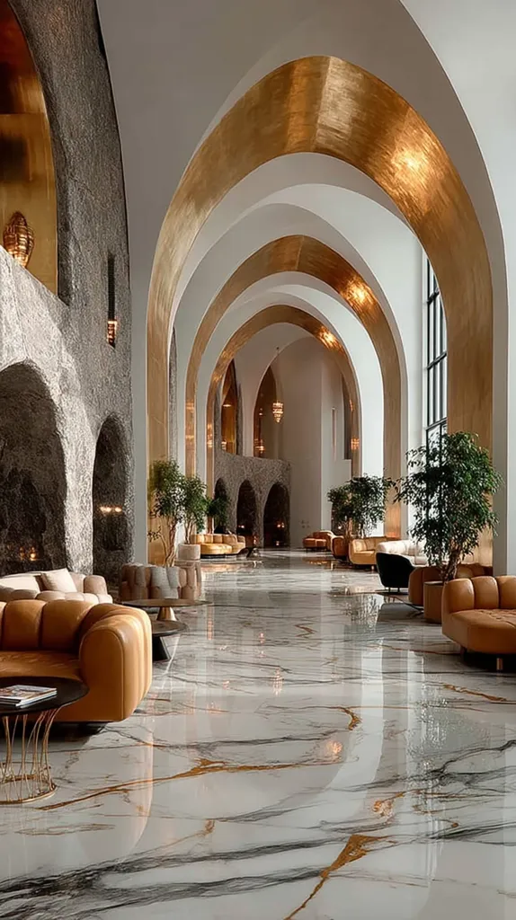 A grand, opulent lobby is showcased, featuring a long hallway with arched ceilings adorned in gold leaf.  The floor is polished marble with gold veining.  Tan leather sofas are positioned on either side, adding a touch of warmth to the luxurious space.  Potted plants and soft lighting enhance the elegant and sophisticated ambiance.  The overall design blends modern architecture with classic luxury.