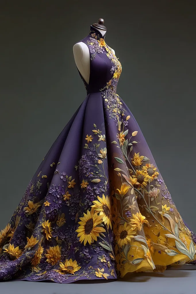 A stunning, floor-length gown in deep purple features intricate embroidery of sunflowers and smaller blossoms. The high-necked, sleeveless design transitions to a flowing A-line skirt.  The embroidery is richly detailed, with sunflowers prominently displayed, creating a striking contrast against the dark fabric. The overall effect is elegant and dramatic.