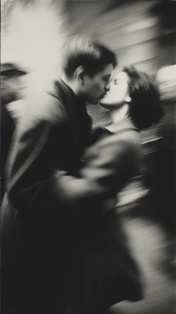 A black and white photograph captures a passionate embrace between a man and a woman. Their kiss is intense, their bodies intertwined. The background is blurred, suggesting motion, perhaps a bustling street scene. The image is evocative, focusing on the emotion of the moment, with the couple's faces partially obscured by the embrace and the artistic use of motion blur. The dark tones add to the intimacy and intensity.