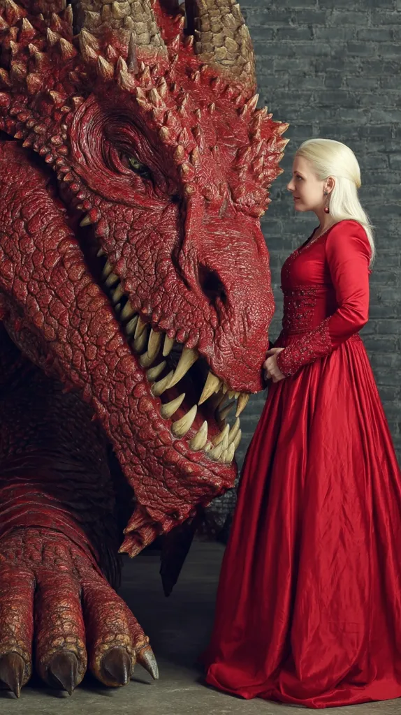 A woman in a flowing red gown stands beside a colossal, intricately detailed red dragon.  The dragon's head is close to the woman, its textured skin and sharp teeth visible. The scene is dramatic, with a dark, textured background. The woman's blonde hair contrasts with the dragon's fiery scales. The image evokes a sense of fantasy and perhaps a queen or sorceress interacting with her powerful companion.