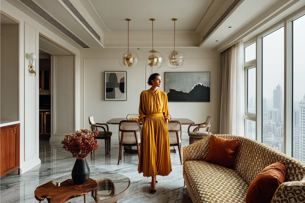 A woman in a mustard yellow pleated dress stands in a modern, luxury apartment.  The spacious living area features a marble floor, a dining table with woven chairs, and a patterned sofa with burnt orange cushions.  Large windows offer a city view.  Three glass globe pendant lights hang above the dining area, adding to the elegant ambiance.  The overall aesthetic is sophisticated and minimalist.