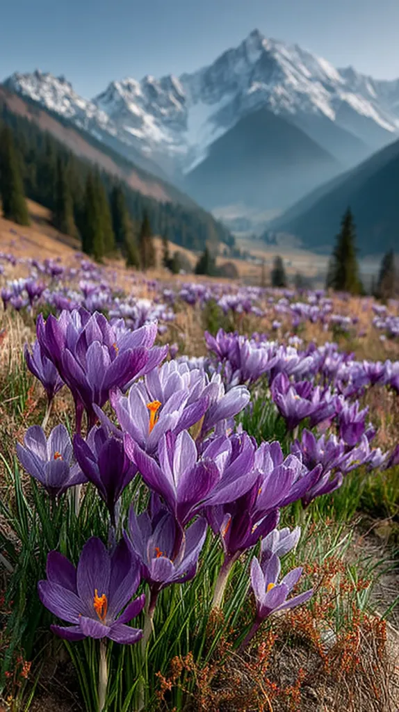 A breathtaking landscape showcases a vibrant field of purple crocuses blooming in the foreground.  The flowers are sharply in focus, contrasting with the softly blurred backdrop of snow-capped mountains and a coniferous forest nestled in the valley.  The scene evokes a sense of serene beauty and the arrival of spring in a mountainous region.