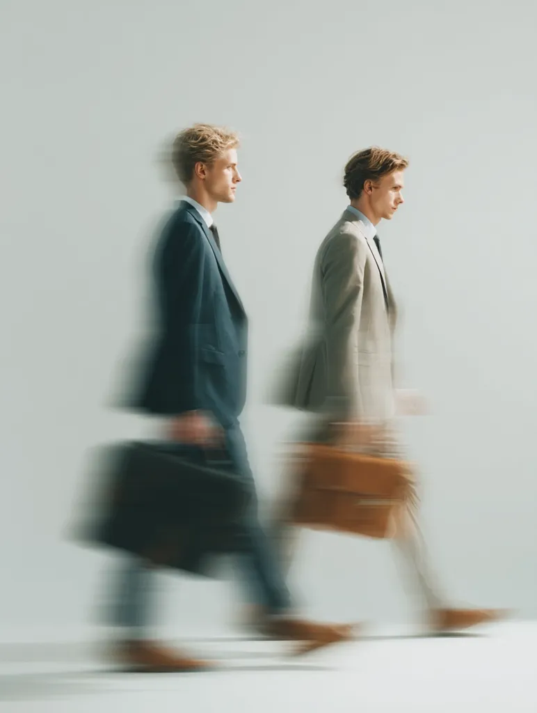 Two businessmen in suits walk briskly past the camera, their forms blurred by motion.  One carries a dark briefcase, the other a lighter brown one.  The image emphasizes their purposeful stride and suggests a sense of urgency or ambition. The background is a simple, light gray, focusing attention solely on the men.