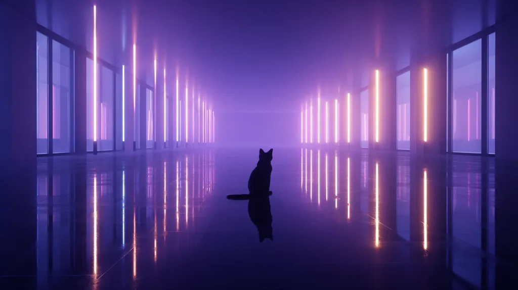A black cat sits in the center of a long, reflective corridor bathed in vibrant purple and pink neon lights.  The futuristic hallway features large windows on either side, reflecting the glowing tubes and the cat's silhouette.  The overall atmosphere is surreal and tranquil, with a strong contrast between the dark cat and the brightly lit environment.  The scene has a stylish, almost dreamlike quality.
