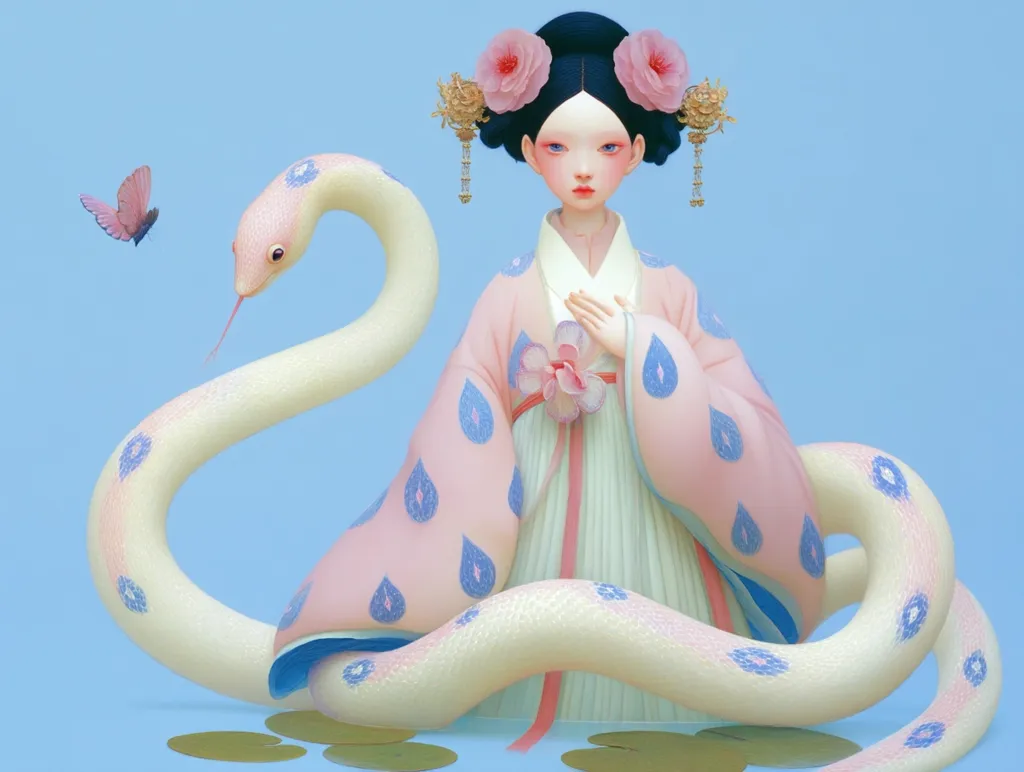 A young woman, adorned in a delicate pink and white traditional Chinese dress, is depicted seated with a large, pale serpent coiled around her.  She wears ornate hair ornaments and holds her hands demurely.  Small blue details accentuate both the dress and the snake's scales. A butterfly floats nearby, adding to the ethereal and serene atmosphere. The scene is set against a pale blue backdrop.