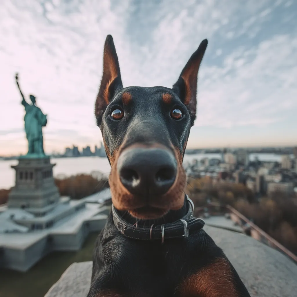 A Doberman Pinscher dog takes a selfie with the Statue of Liberty in the background. The dog is in sharp focus, its large, expressive eyes looking directly at the camera.  The statue and cityscape are softly blurred, creating a shallow depth of field. The overall mood is playful and evocative of New York City.