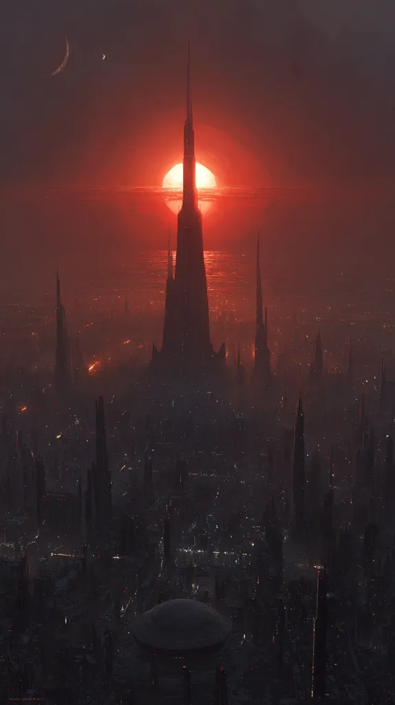 A futuristic city skyline is bathed in the crimson glow of a setting sun.  A tall, slender spire dominates the center, surrounded by numerous, smaller, dark structures.  The overall atmosphere is dark and ominous, with a crescent moon visible in the distance.  The scene suggests a dystopian or science fiction setting.  The city stretches to the horizon, lost in the reddish haze.