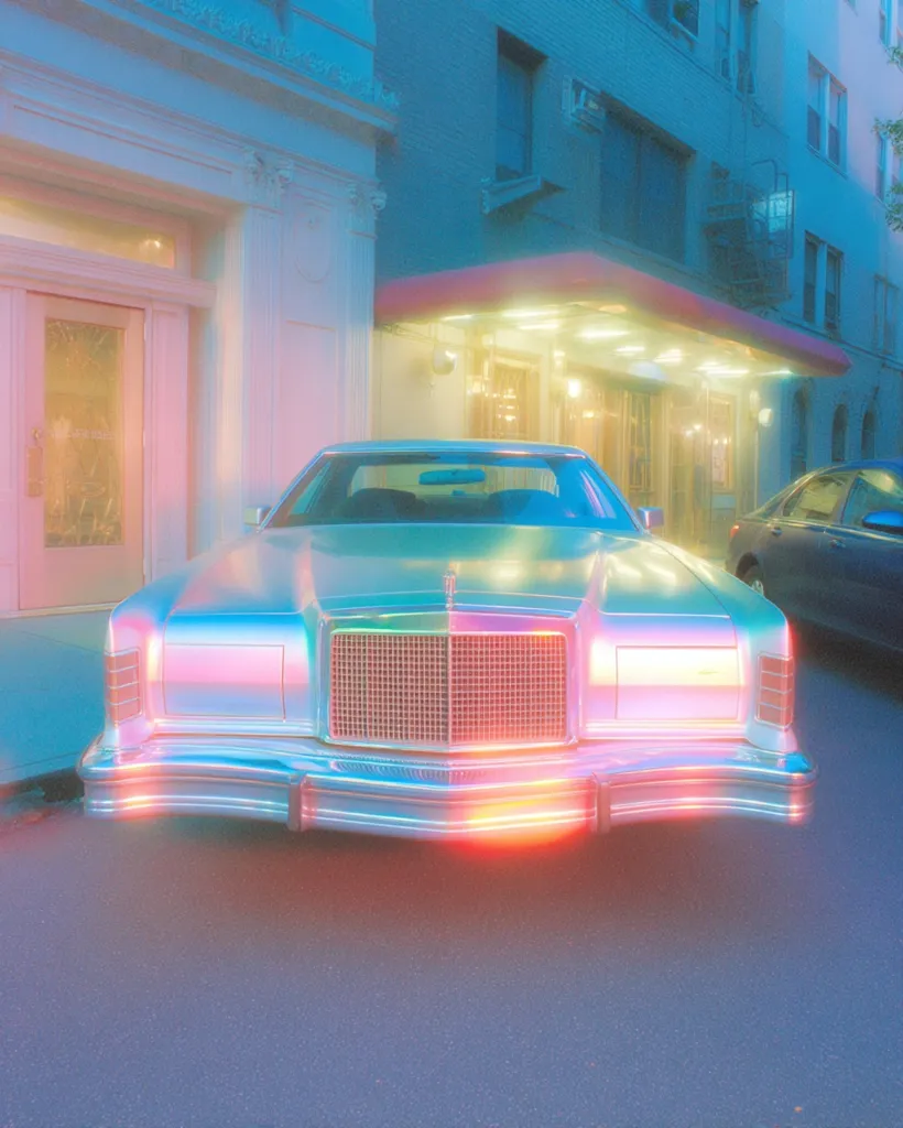 A vintage, iridescent-colored car is parked in front of a building at twilight.  The car, possibly a Lincoln Continental, gleams under soft, neon-like lighting. The building is a multi-story structure with classical architectural features.  A second car is partially visible behind the main subject. The overall aesthetic is dreamy and nostalgic, with a vibrant, pastel color palette.