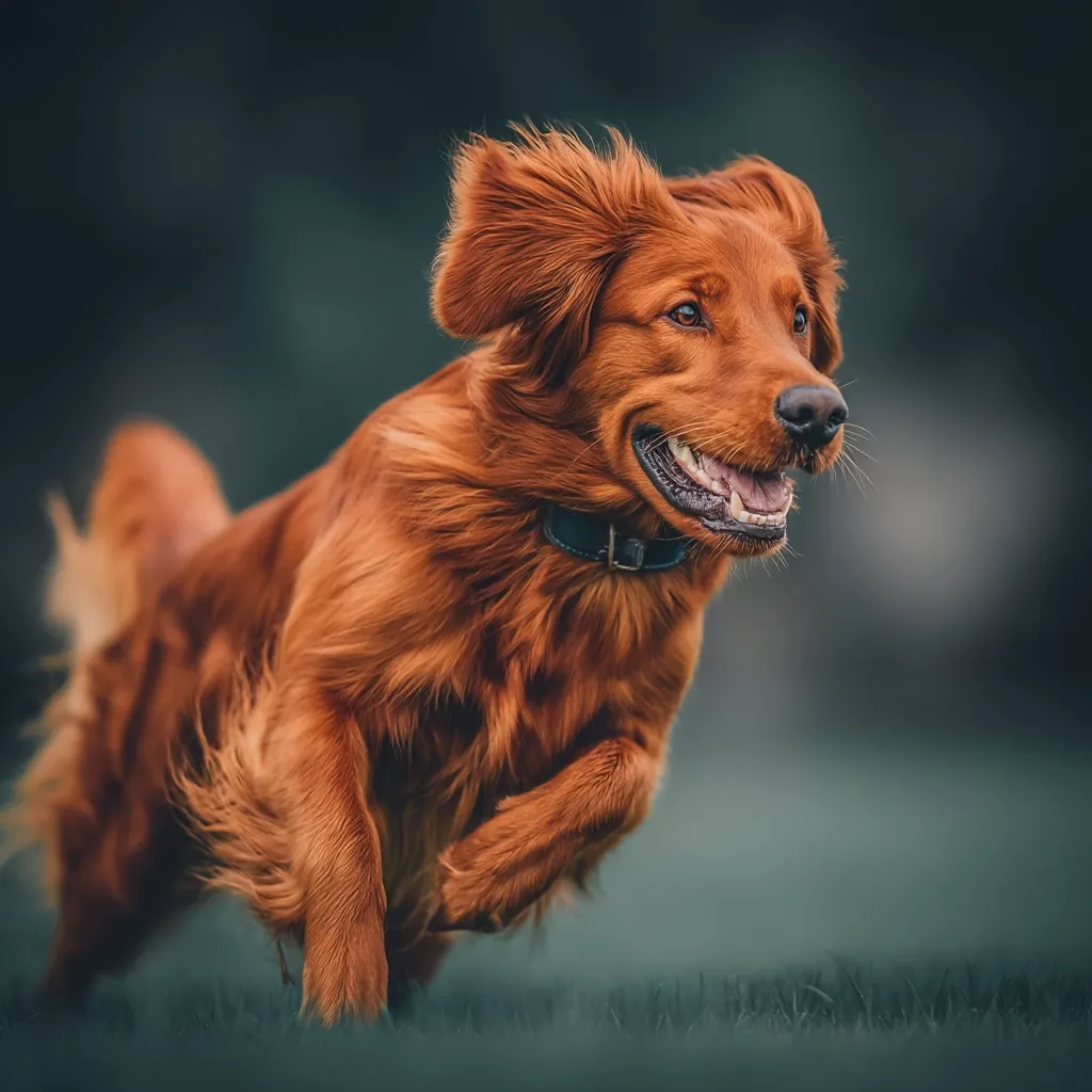 A vibrant red-gold Golden Retriever puppy is captured mid-leap, its fur flowing in the wind.  The dog's joyful expression and energetic movement are evident.  The background is blurred, emphasizing the dog's dynamic pose against a muted green and dark backdrop.  The image conveys a sense of freedom and playful energy.