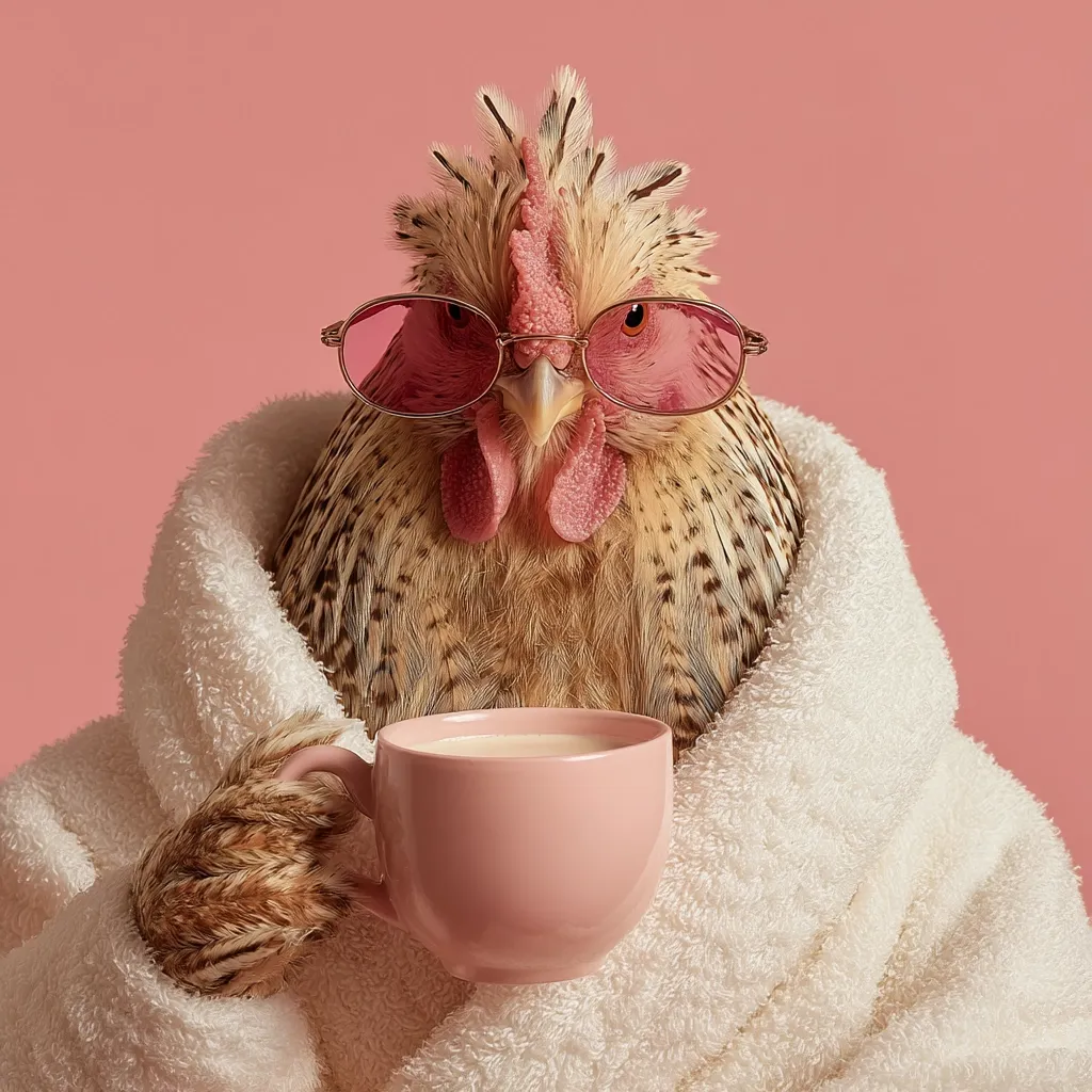 A hen, wearing pink sunglasses and a fluffy white bathrobe, sits contentedly holding a pale pink mug of coffee or tea.  The scene is set against a soft pink background, creating a humorous and stylish image. The hen's expression is serious, adding to the comedic effect.