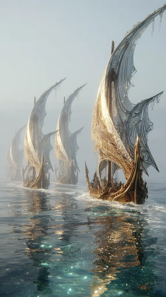 A flotilla of ornate, golden ships sails across a calm sea under a pale sky.  The vessels are intricately detailed, their sails resembling delicate, translucent lace.  The reflection of the ships shimmers on the water's surface, creating a mystical and ethereal scene. The overall impression is one of fantasy and otherworldly beauty.