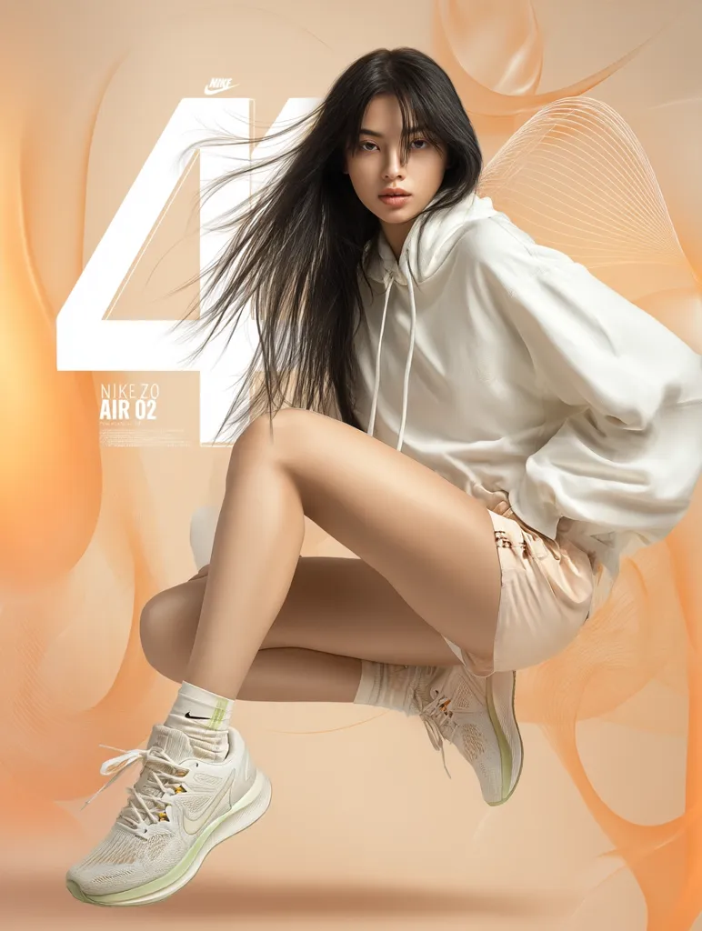 A young woman with long black hair models Nike Zo Air 02 sneakers.  She's crouched, showcasing the off-white shoes against a soft, peach-toned background featuring abstract swirling lines.  The model wears a cream-colored hoodie and shorts, creating a minimalist and stylish aesthetic. The image emphasizes the shoe's design and the model's elegance.