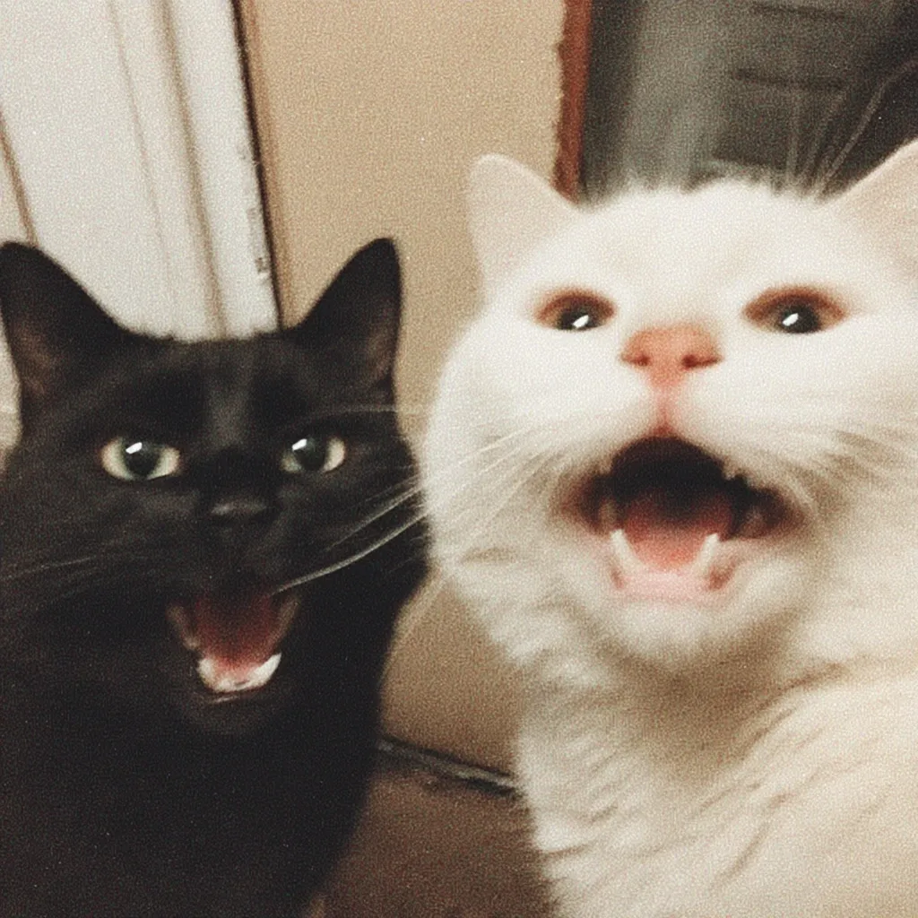 A close-up shot features two cats, a black cat and a white cat, side by side. Both cats have their mouths open in a wide, expressive yawn or meow.  The black cat is on the left, while the white cat is on the right. The image is slightly grainy, giving it a vintage or nostalgic feel.