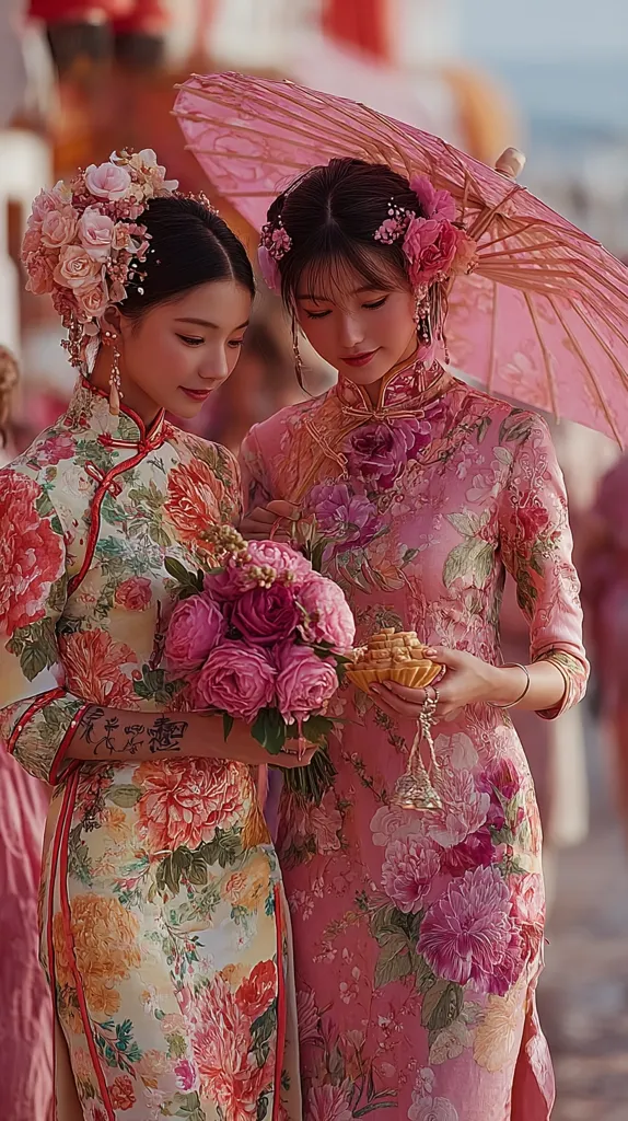 Two young women in traditional Chinese qipao dresses stand under a pink parasol.  Their dresses are adorned with vibrant floral patterns.  One woman wears a light beige qipao, the other a deeper pink.  Both have elaborate floral hairpieces. They hold a bouquet of pink roses and a small, ornate box, suggesting a celebratory occasion.  The image evokes a sense of elegance and tradition.