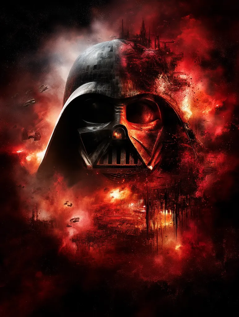 A dramatic digital artwork depicts Darth Vader's helmet, partially obscured by a fiery, red nebula.  The helmet's left side blends seamlessly into the cosmic backdrop, creating a sense of destruction and chaos.  Smaller spaceships are visible amidst the fiery expanse, adding to the image's intense and apocalyptic atmosphere. The overall effect is dark, powerful, and evocative of the Star Wars universe.