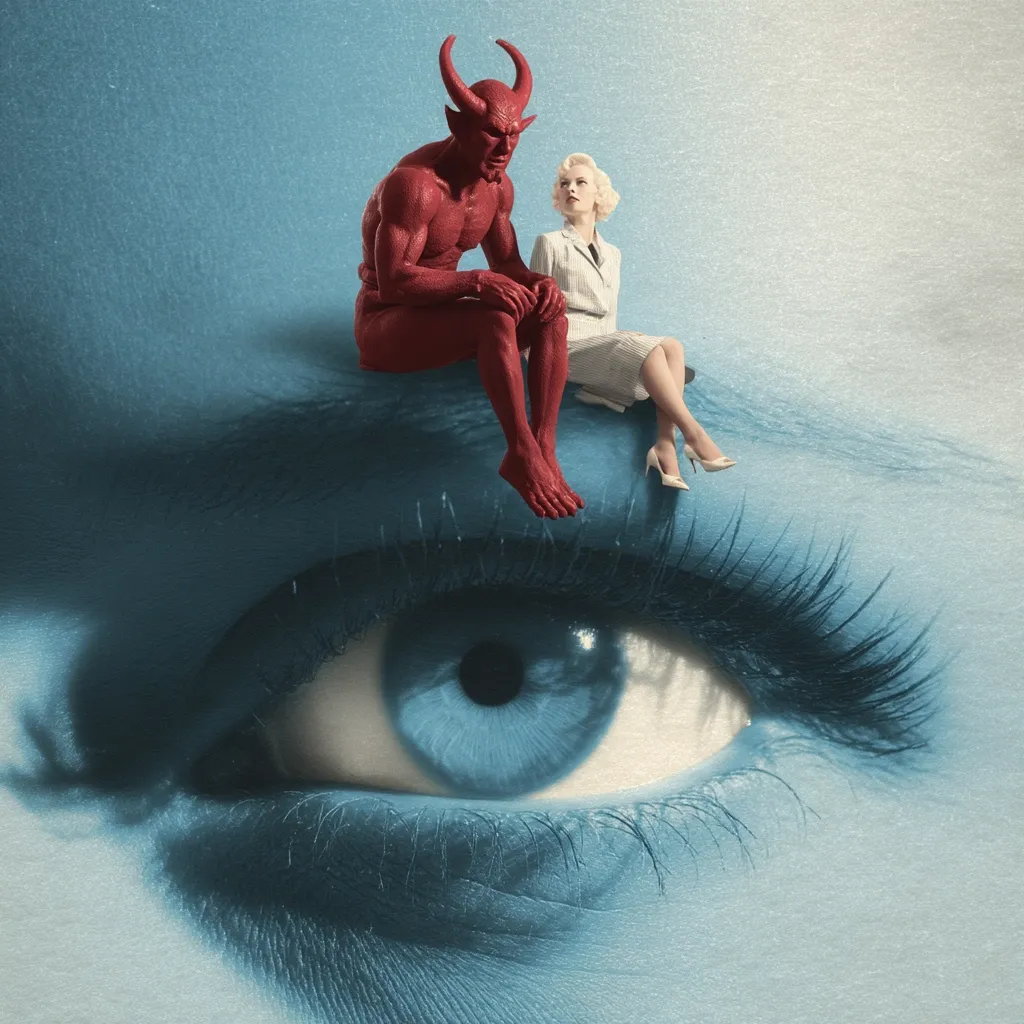 A surreal image depicts a red devil and a woman in a white suit sitting on a giant eye.  The devil is muscular and horned, while the woman appears calm and composed.  The oversized eye dominates the composition, its cool blue tones contrasting with the warm red of the devil.  The scene evokes a sense of unease and the juxtaposition of innocence and evil.