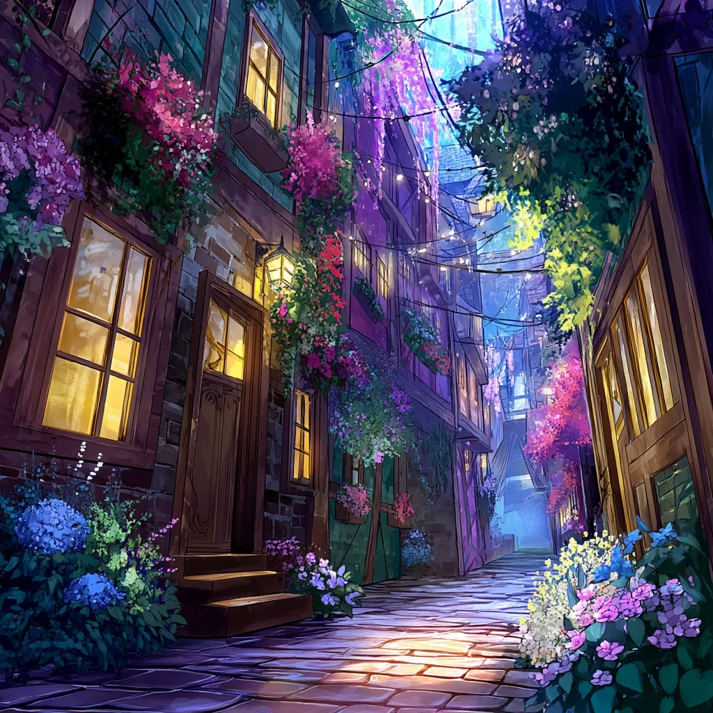 A whimsical, flower-draped alleyway at night.  Warm light spills from windows of quaint, stone buildings overflowing with vibrant blooms.  Hanging baskets and climbing vines add to the romantic atmosphere, creating a charming and enchanting scene.  The cobblestone path invites exploration deeper into this fairytale-like village.