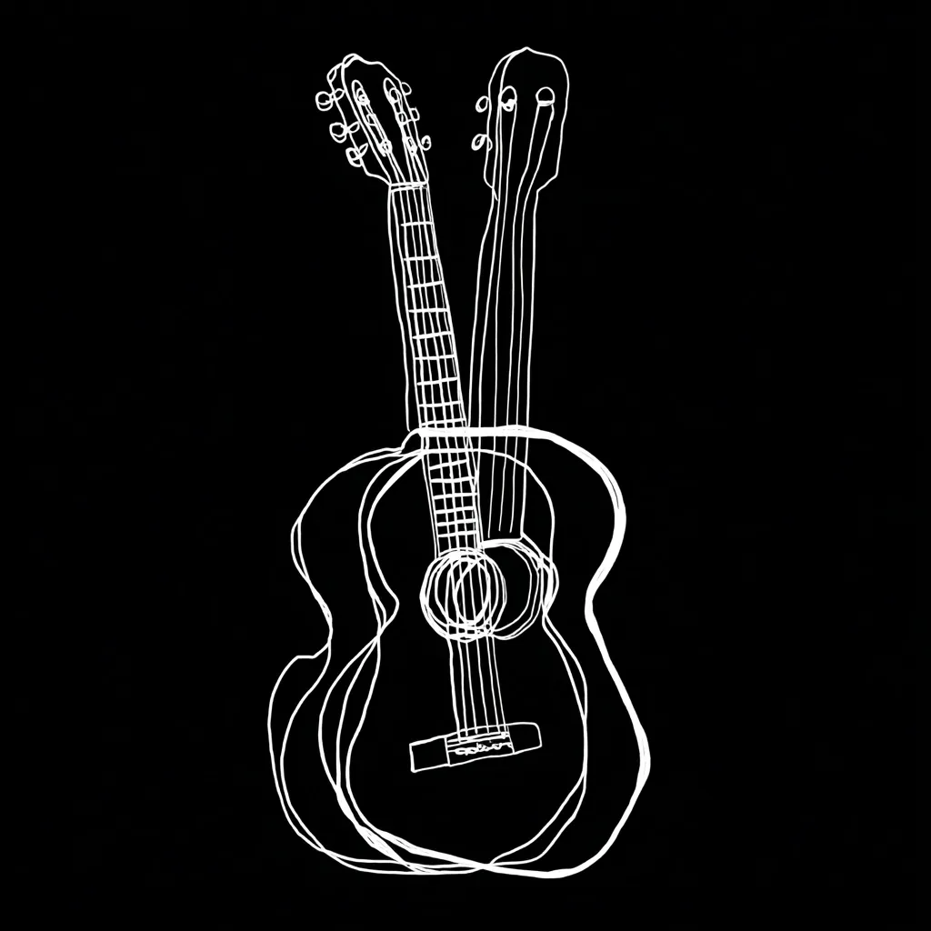 A minimalist line drawing of two acoustic guitars superimposed on each other against a black background.  The white lines create a simple yet evocative image of musical instruments, suggesting harmony or a duet. The style is reminiscent of a child's drawing, or a quick sketch.